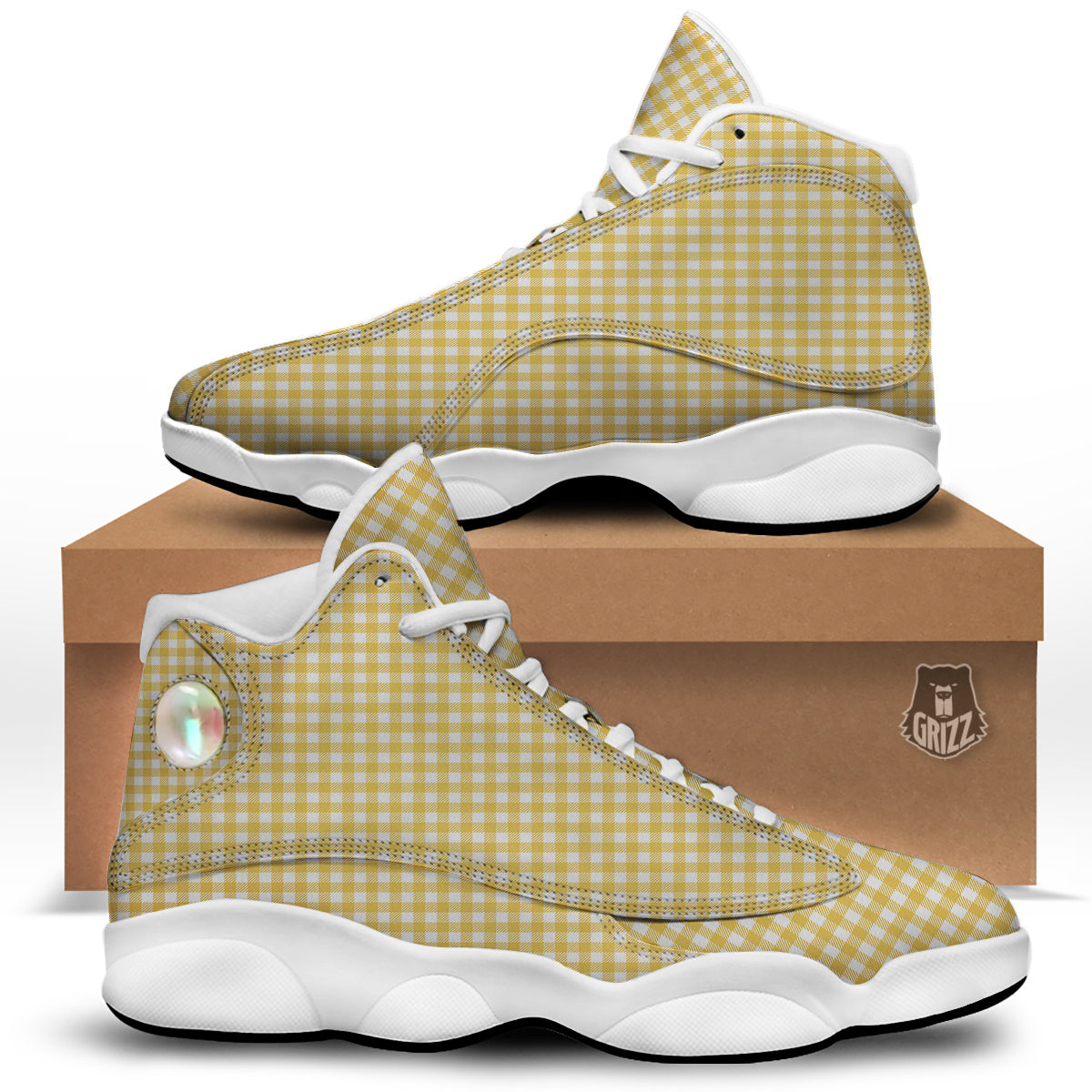 Yellow Canary And White Gingham Print White Basketball Shoes-grizzshop