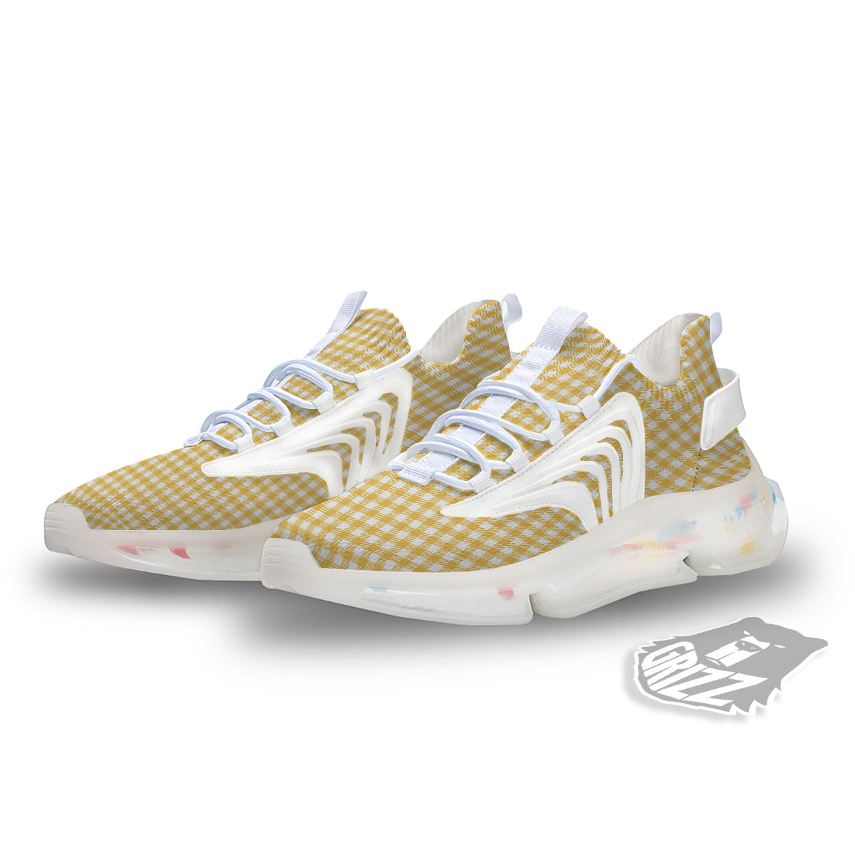 Yellow Canary And White Gingham Print White Gym Shoes-grizzshop