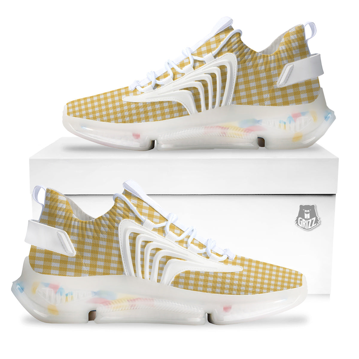 Yellow Canary And White Gingham Print White Gym Shoes-grizzshop