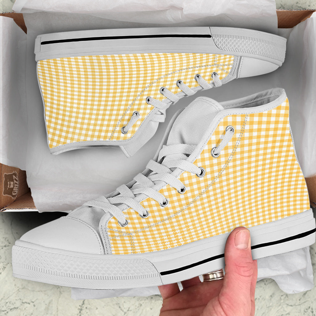 Yellow Canary And White Gingham Print White High Top Shoes-grizzshop
