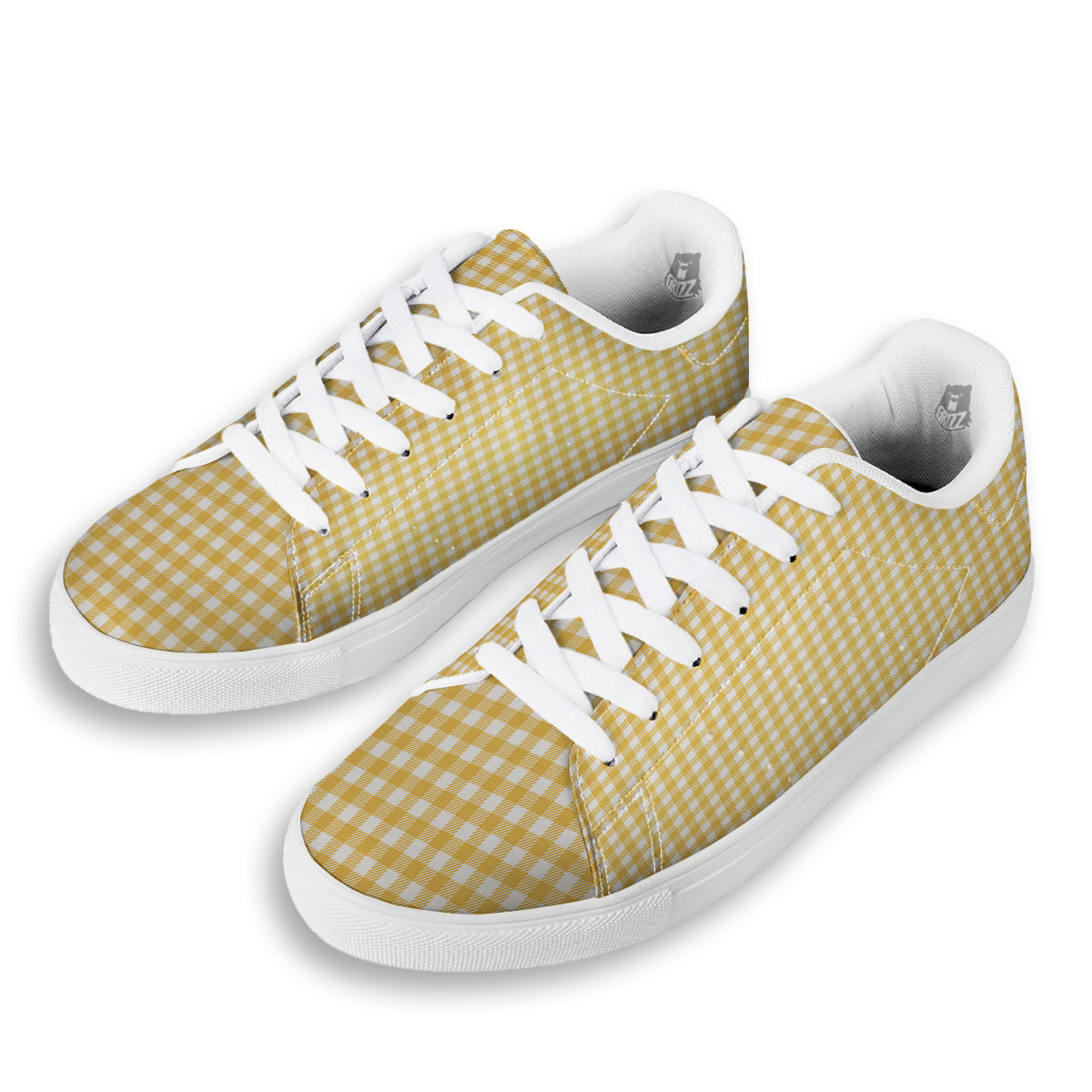 Yellow Canary And White Gingham Print White Low Top Sneakers-grizzshop