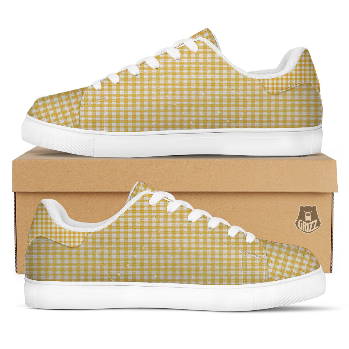 Yellow Canary And White Gingham Print White Low Top Sneakers-grizzshop