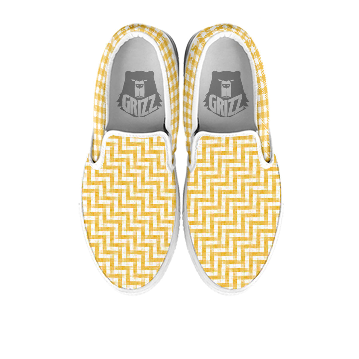 Yellow Canary And White Gingham Print White Slip On Shoes-grizzshop