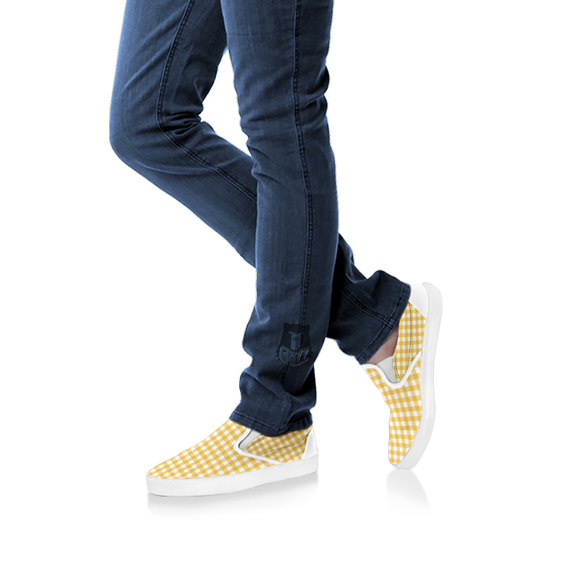 Yellow Canary And White Gingham Print White Slip On Shoes-grizzshop