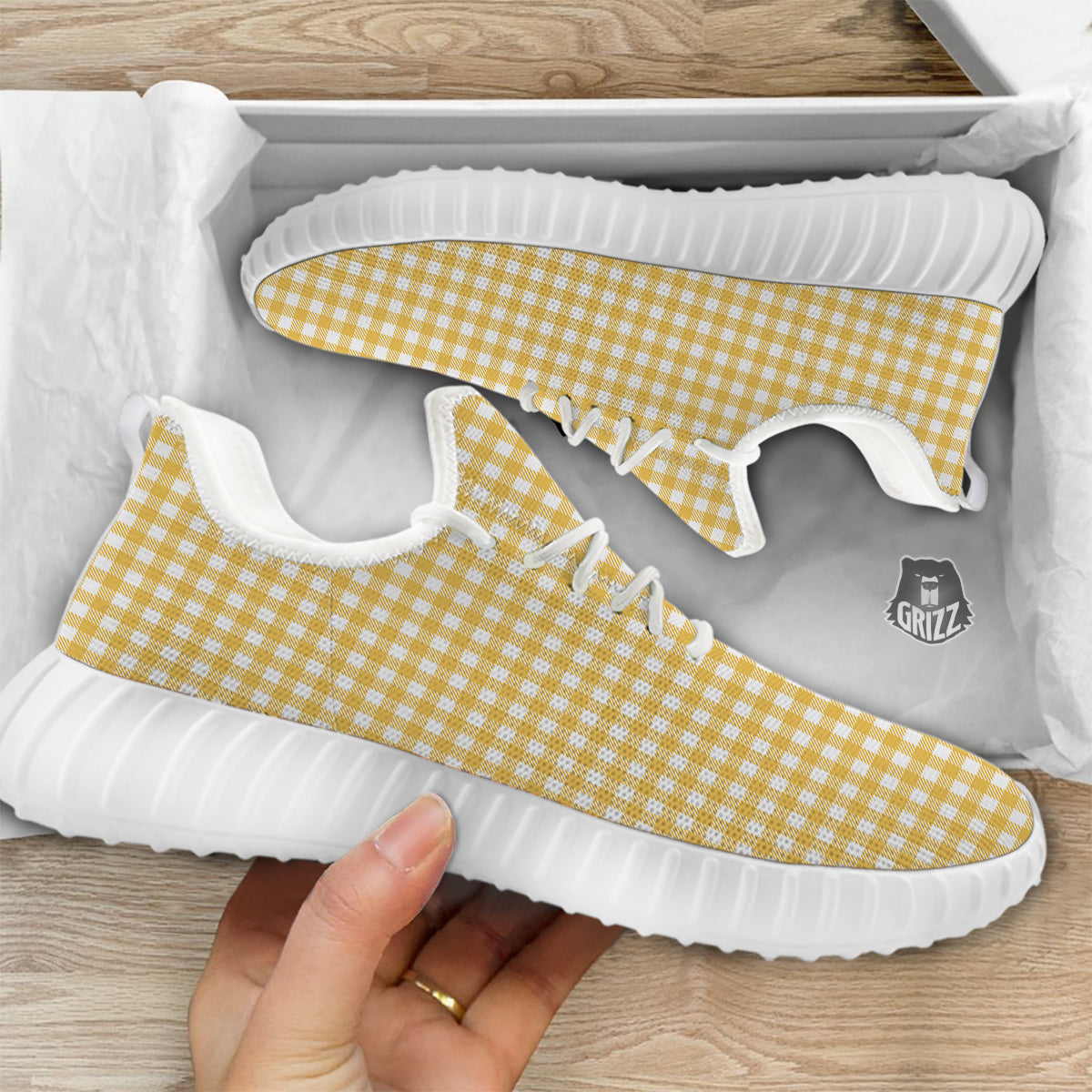 Yellow Canary And White Gingham Print White Walking Shoes-grizzshop