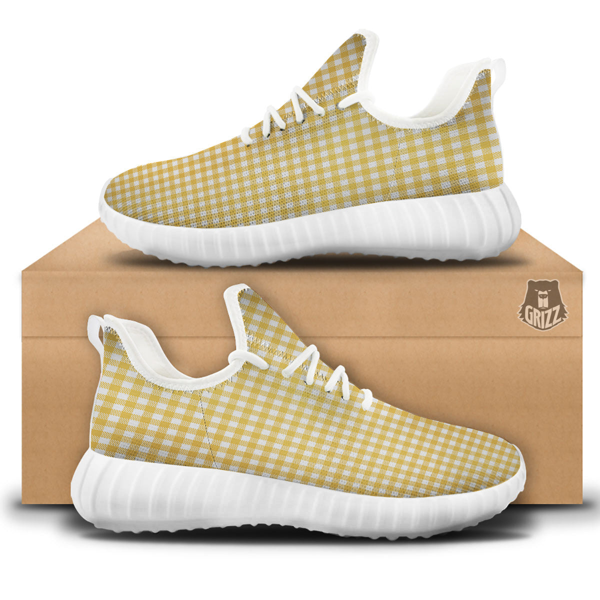 Yellow Canary And White Gingham Print White Walking Shoes-grizzshop
