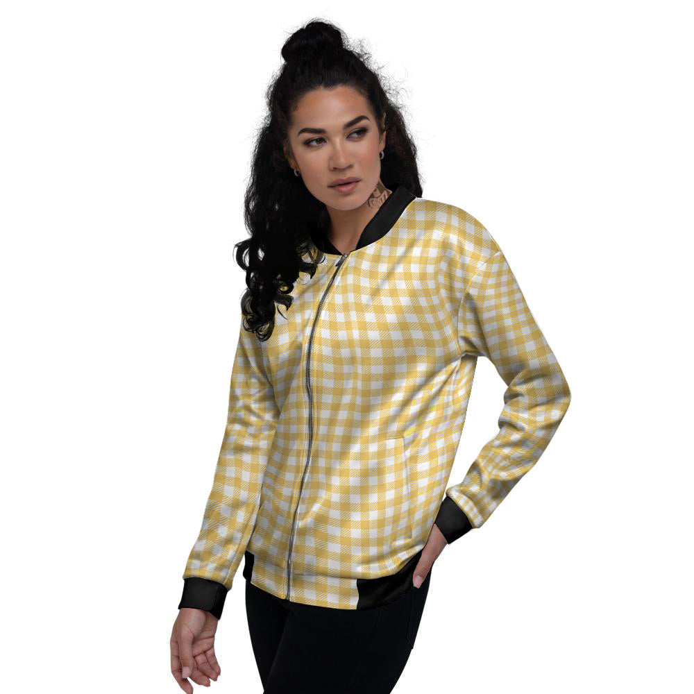 Yellow Canary And White Gingham Print Women's Bomber Jacket-grizzshop