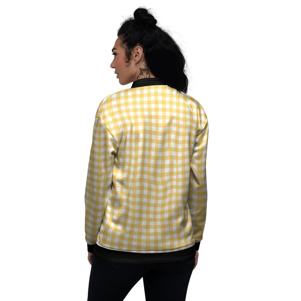 Yellow Canary And White Gingham Print Women's Bomber Jacket-grizzshop