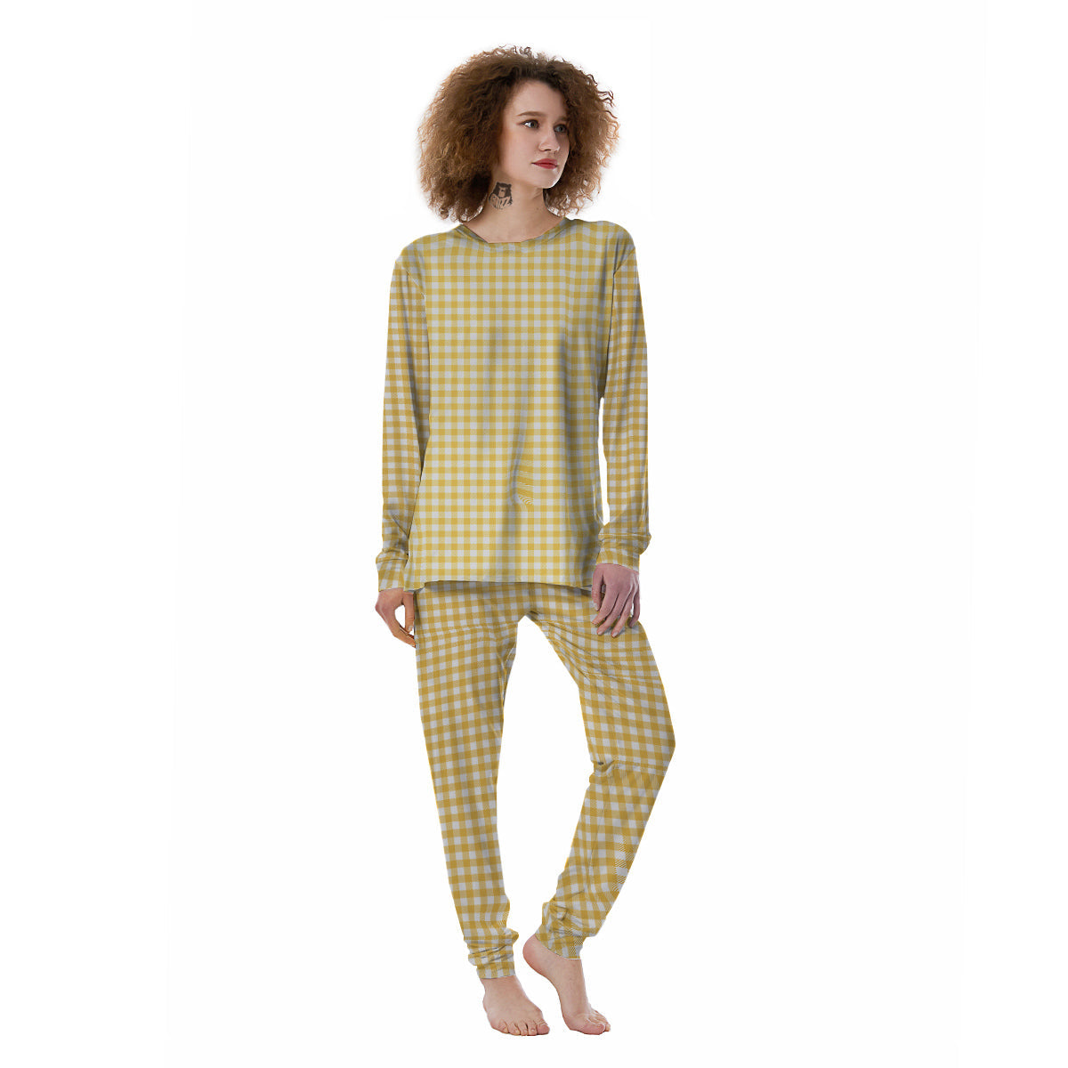 Yellow Canary And White Gingham Print Women's Pajamas-grizzshop