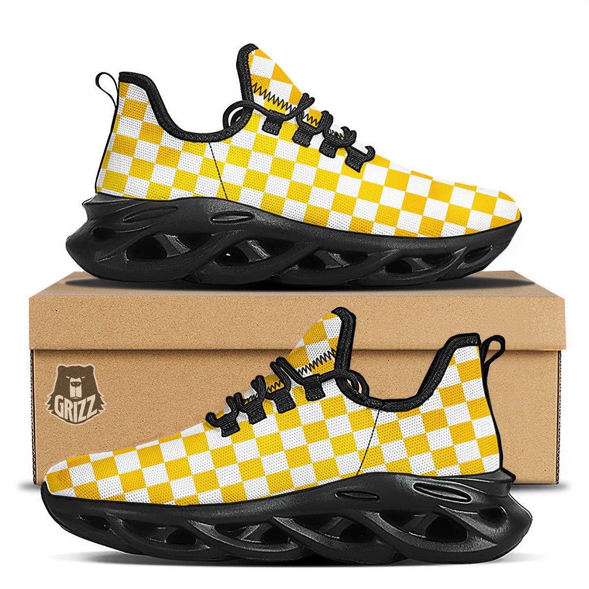 Yellow Checkered Flag Print Black Running Shoes-grizzshop