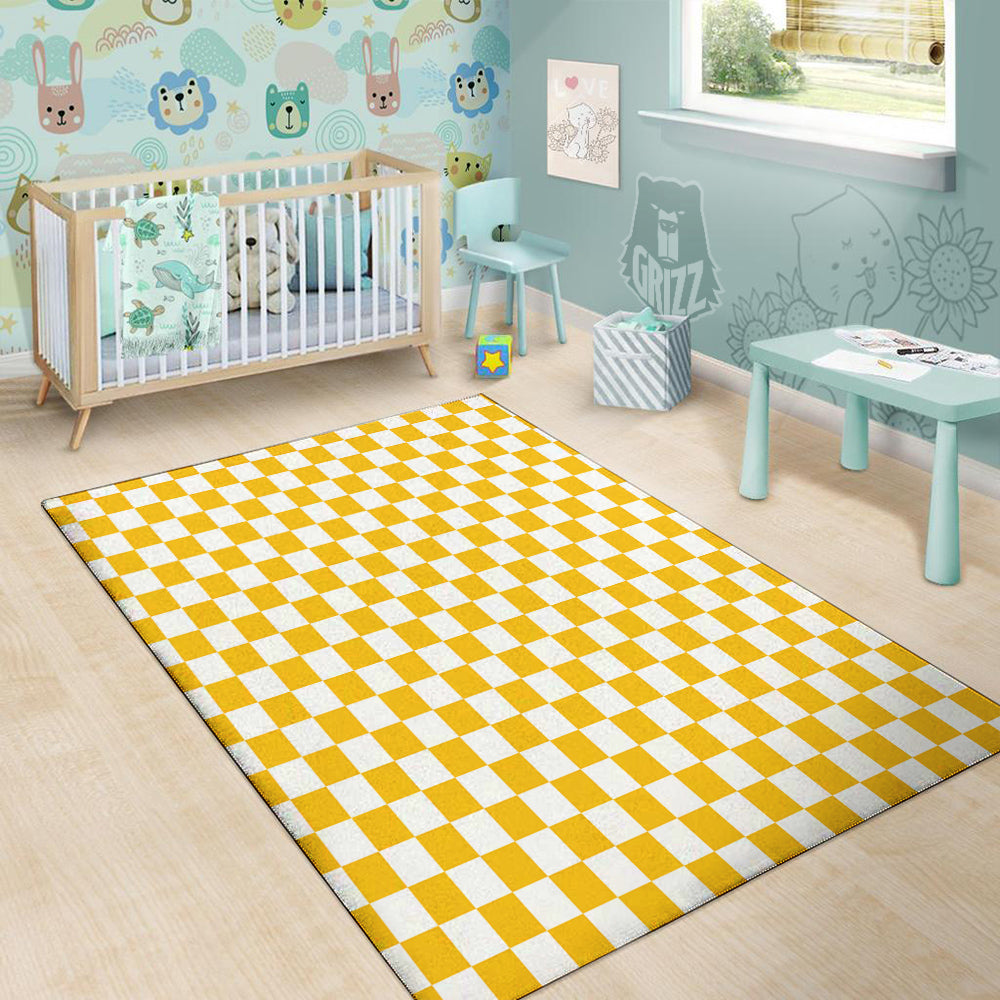 Yellow Checkered Flag Print Floor Mat-grizzshop