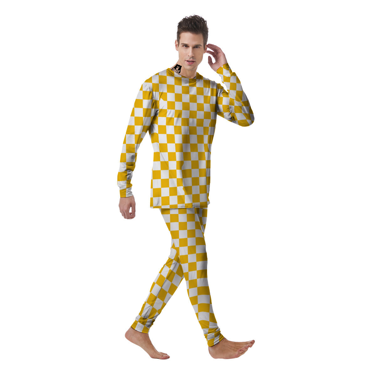 Yellow Checkered Flag Print Men's Pajamas-grizzshop