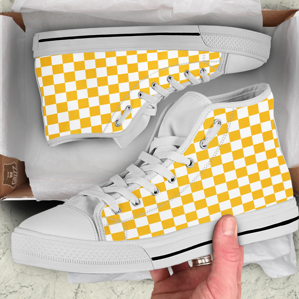 Yellow Checkered Flag Print White High Top Shoes-grizzshop