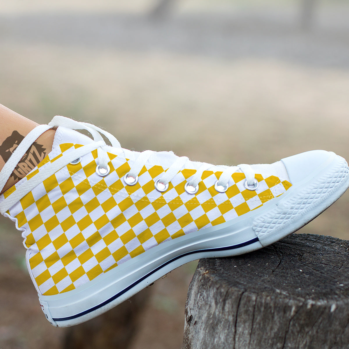 Yellow Checkered Flag Print White High Top Shoes-grizzshop