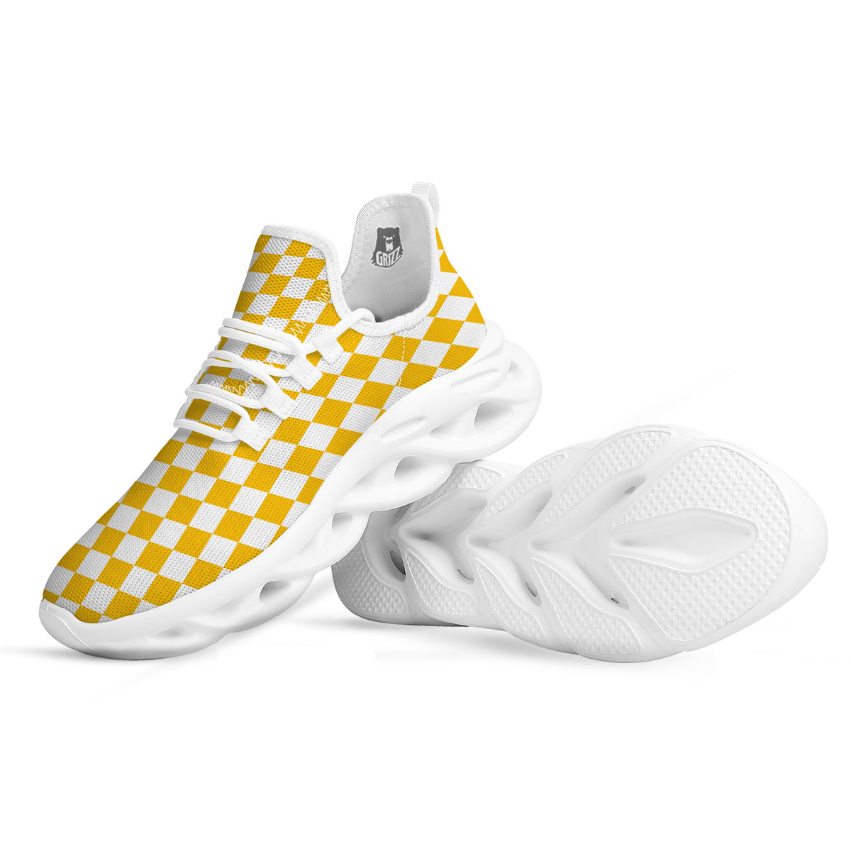 Yellow Checkered Flag Print White Running Shoes-grizzshop