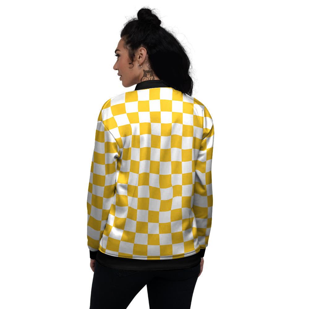 Yellow Checkered Flag Print Women's Bomber Jacket-grizzshop