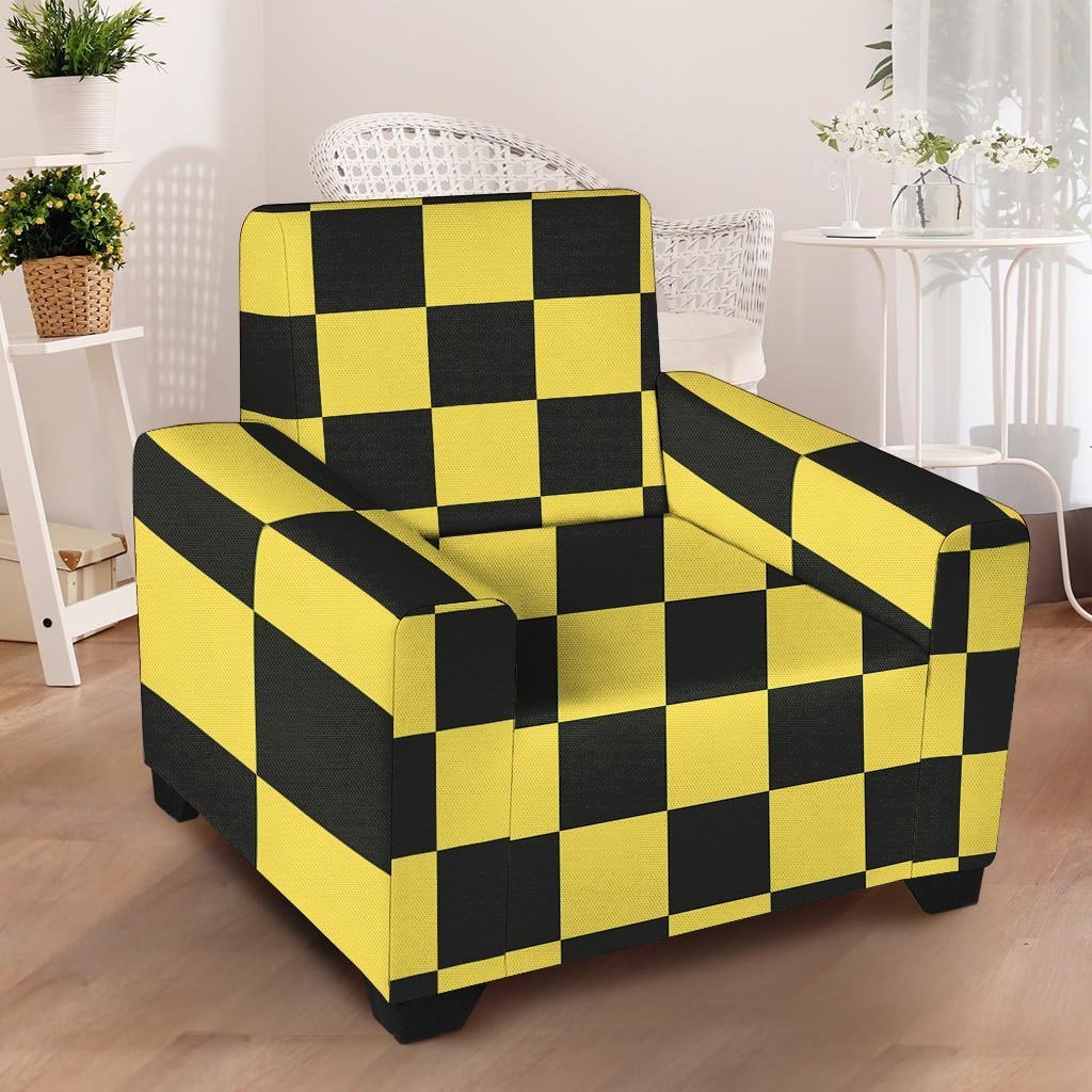 Yellow Checkered Print Armchair Cover-grizzshop