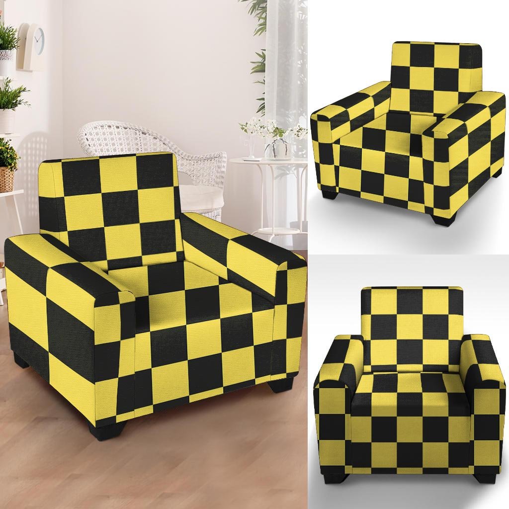 Yellow Checkered Print Armchair Cover-grizzshop