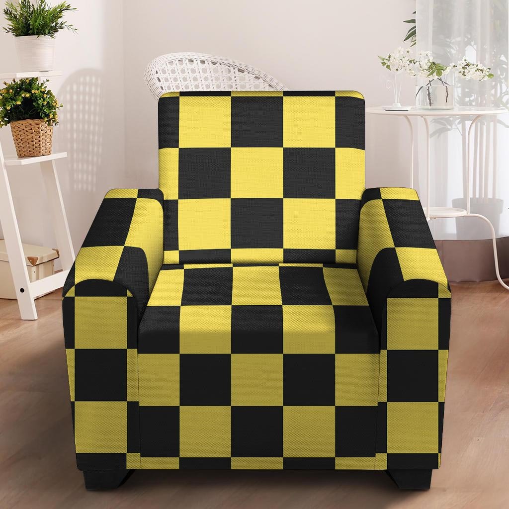 Yellow Checkered Print Armchair Cover-grizzshop