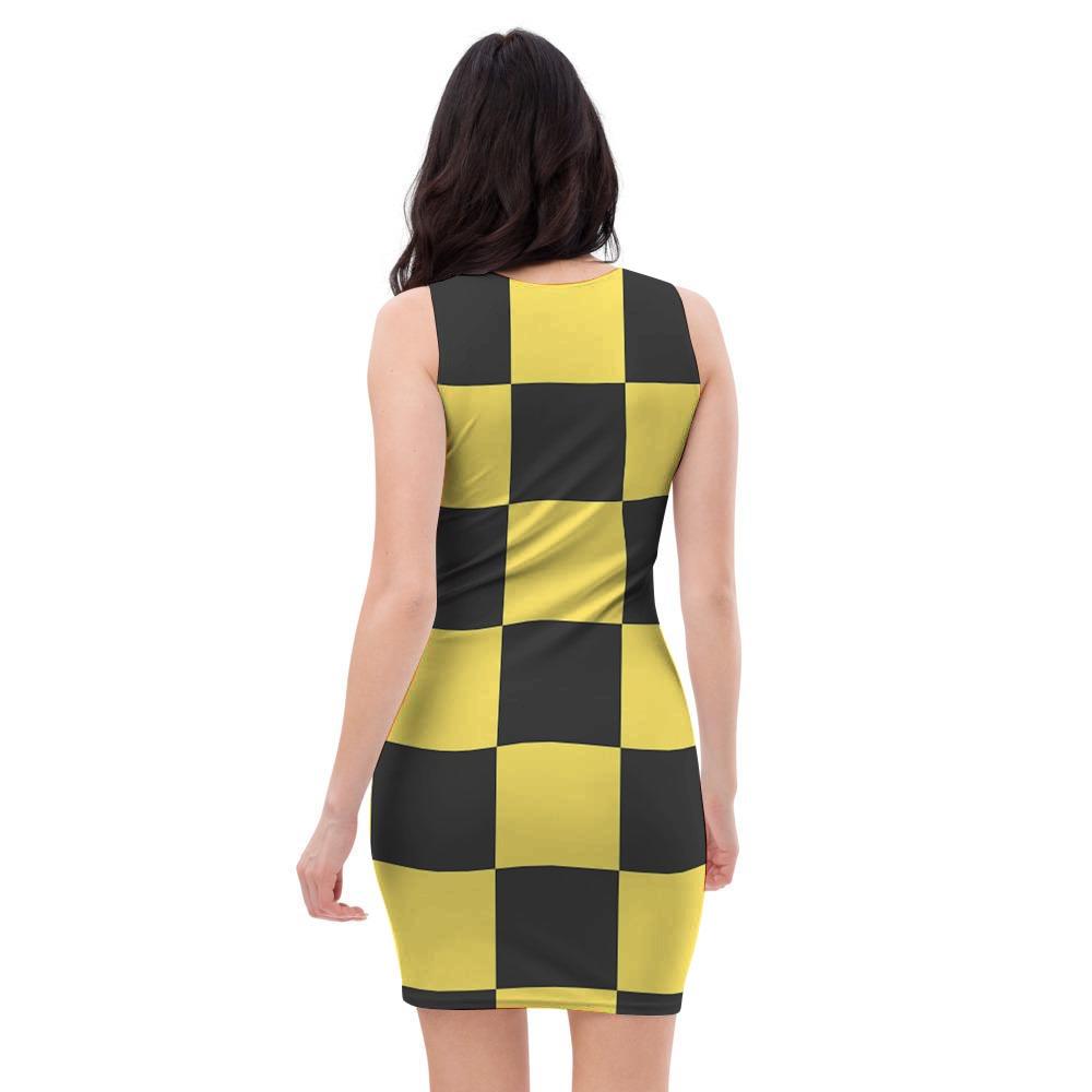 Yellow Checkered Print Bodycon Dress-grizzshop