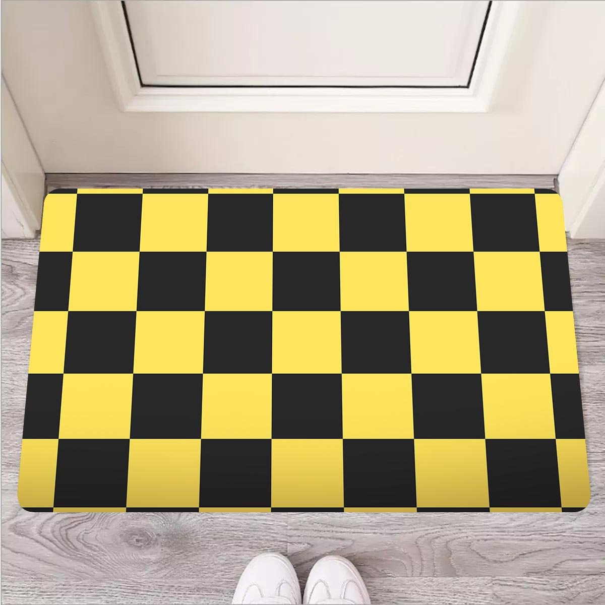 Yellow Checkered Print Door Mat-grizzshop