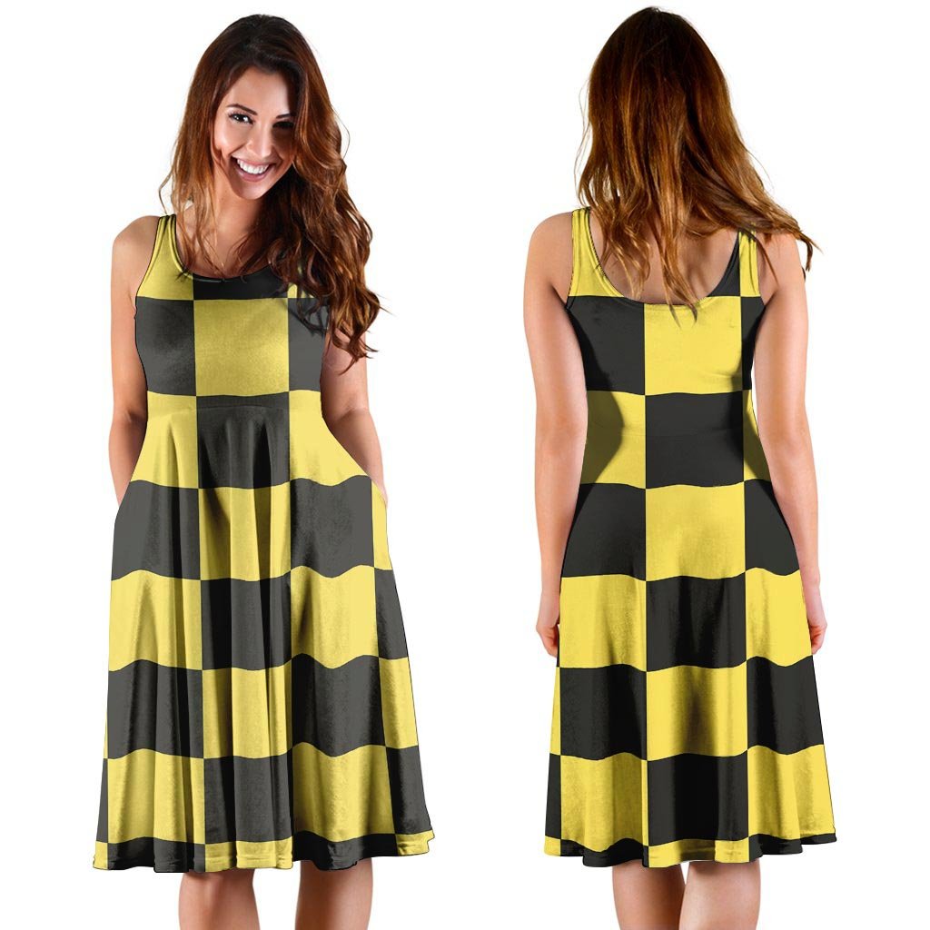 Yellow Checkered Print Dress-grizzshop