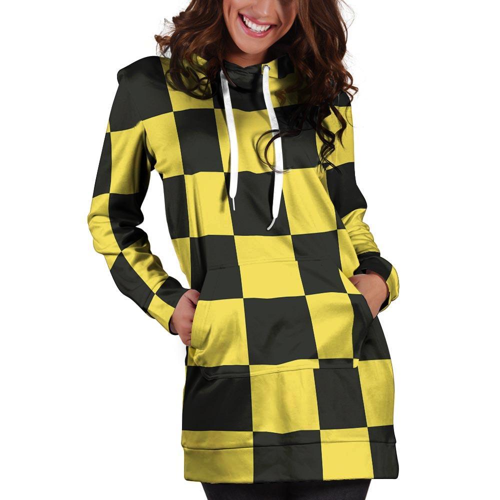 Yellow Checkered Print Hoodie Dress-grizzshop