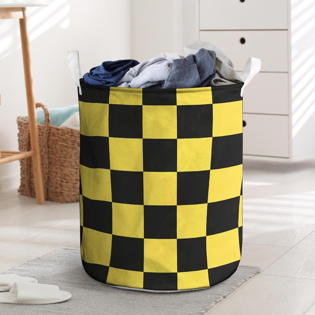 Yellow Checkered Print Laundry Basket-grizzshop