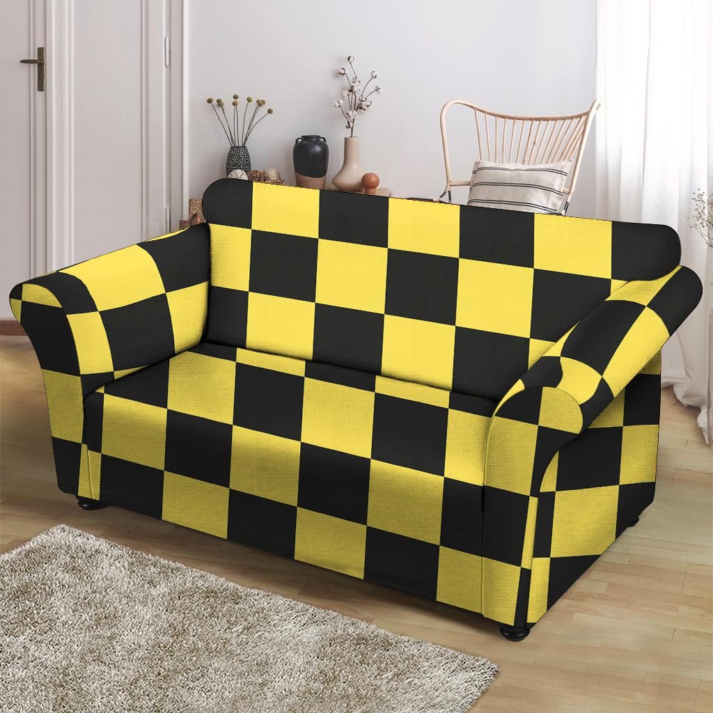 Yellow Checkered Print Loveseat Cover-grizzshop