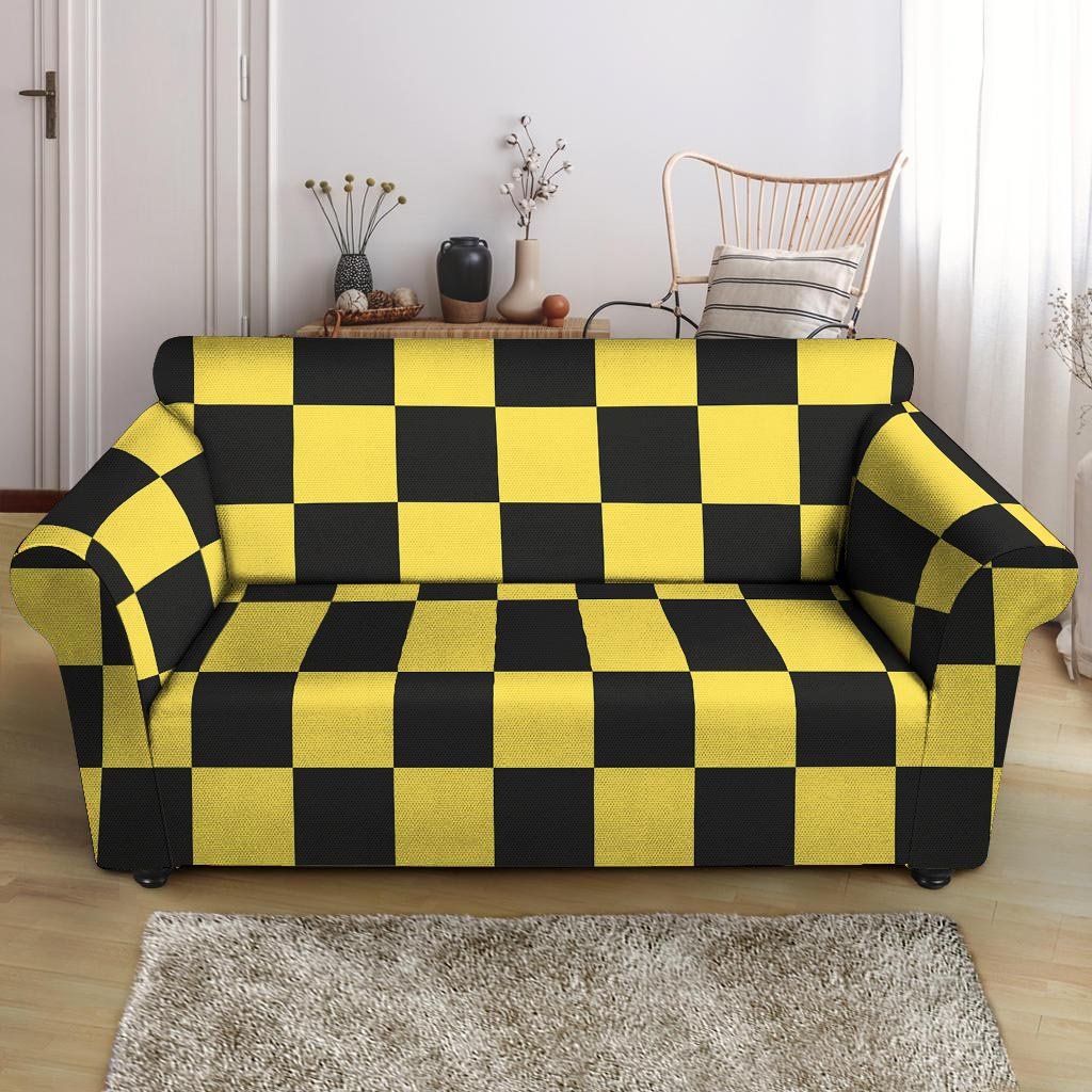 Yellow Checkered Print Loveseat Cover-grizzshop