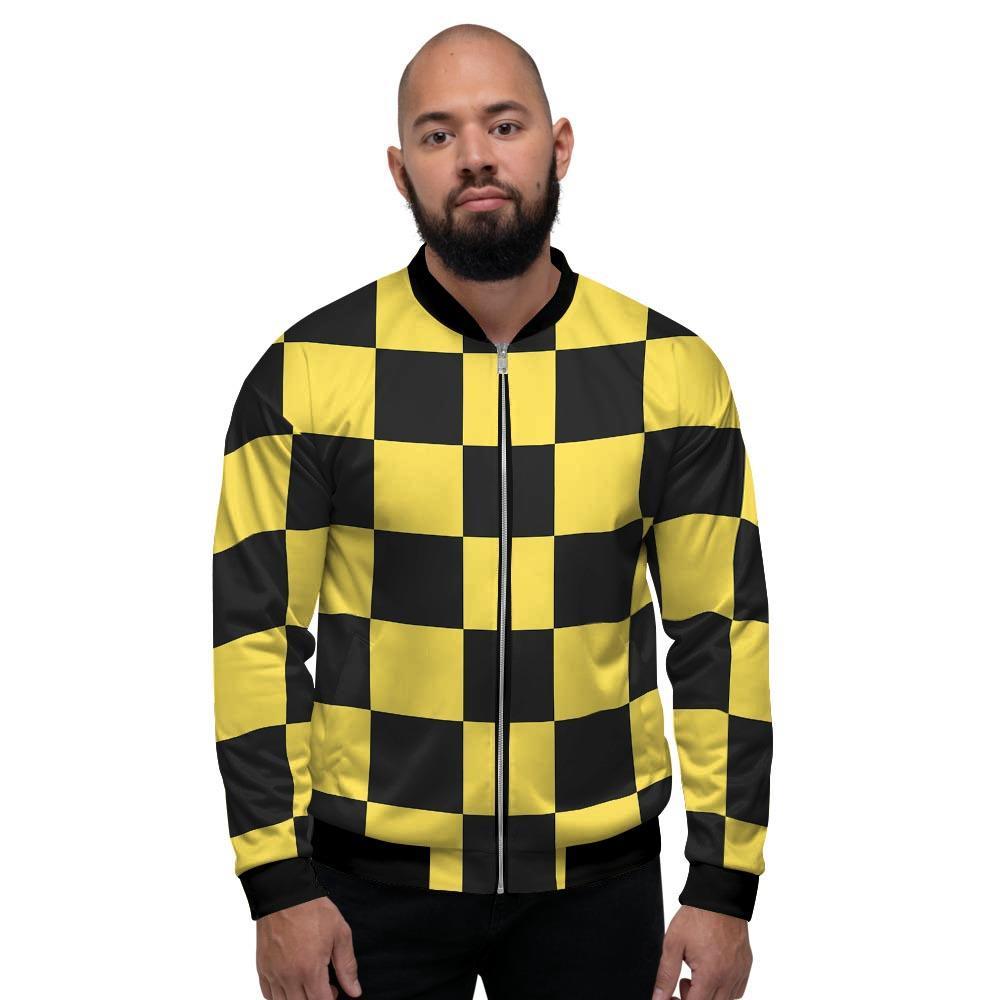 Yellow Checkered Print Men's Bomber Jacket-grizzshop