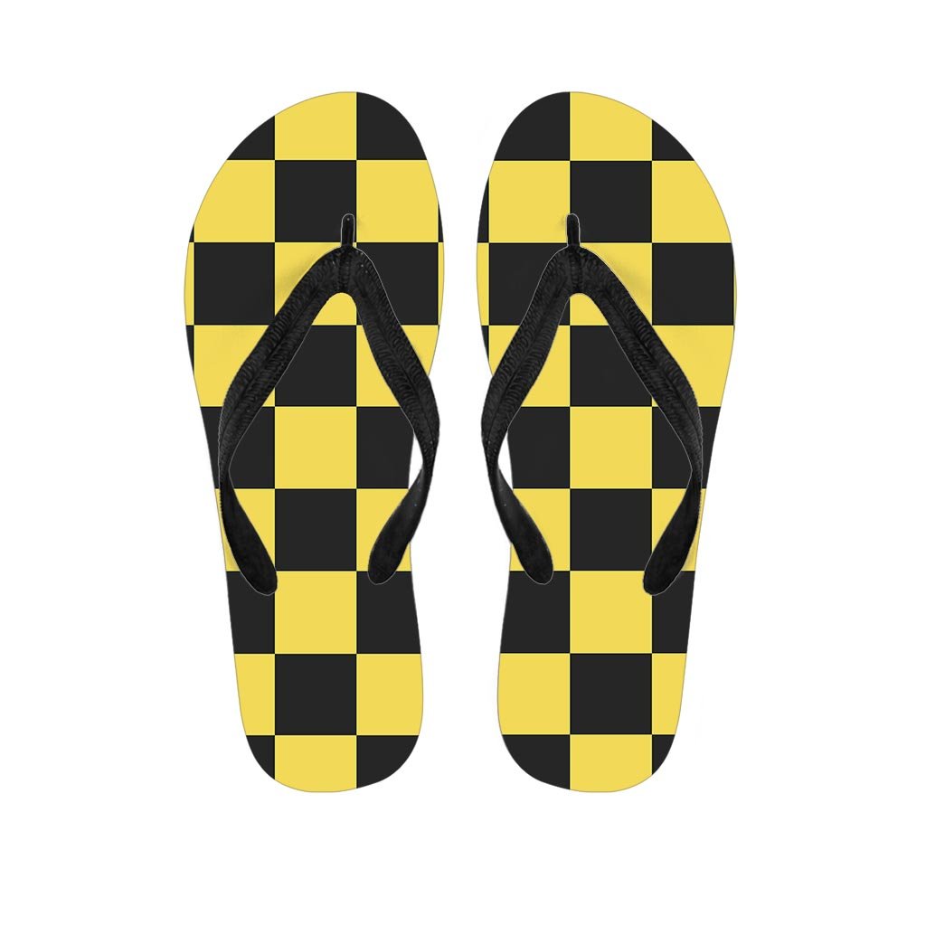 Yellow Checkered Print Men's Flip Flops-grizzshop