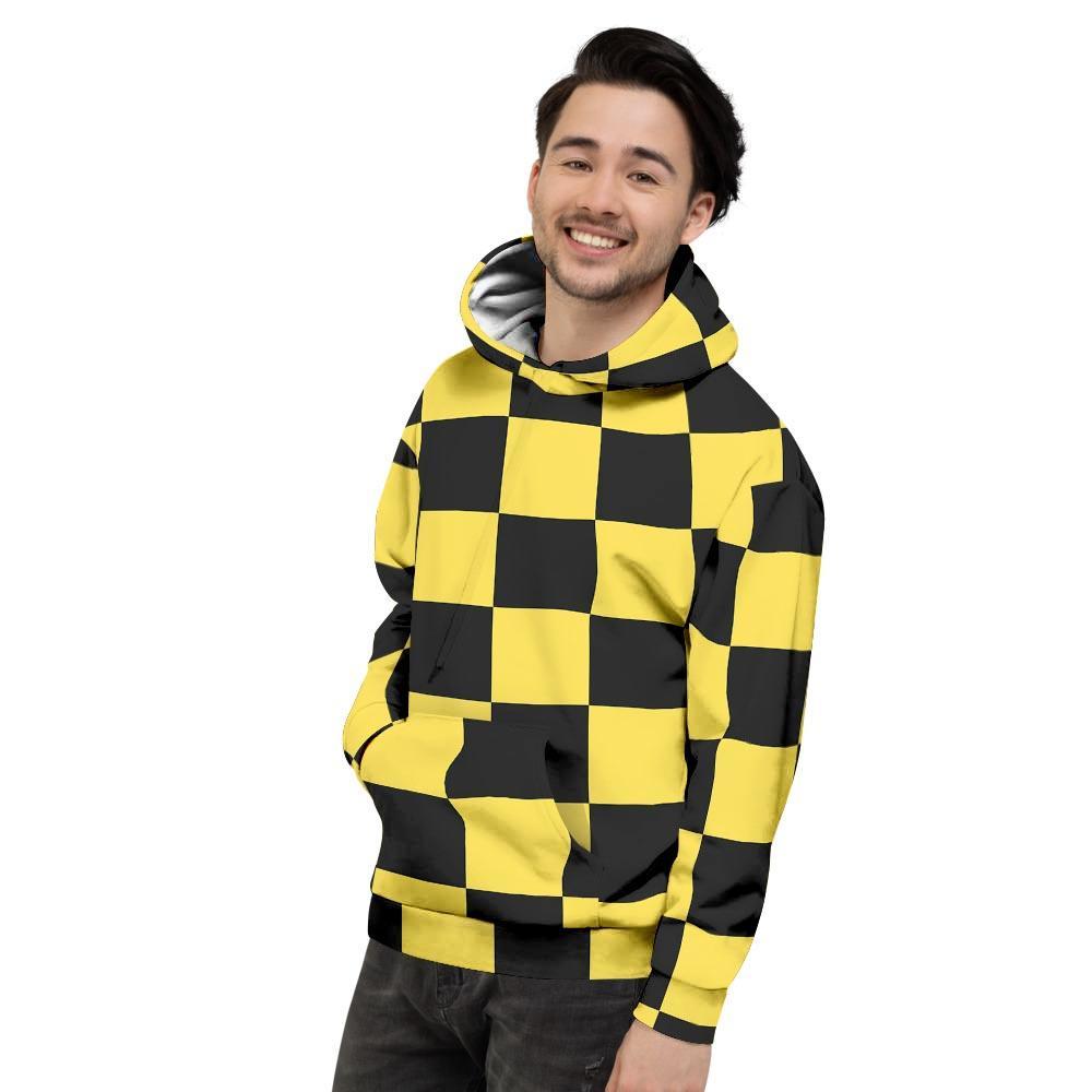 Yellow Checkered Print Men's Hoodie-grizzshop
