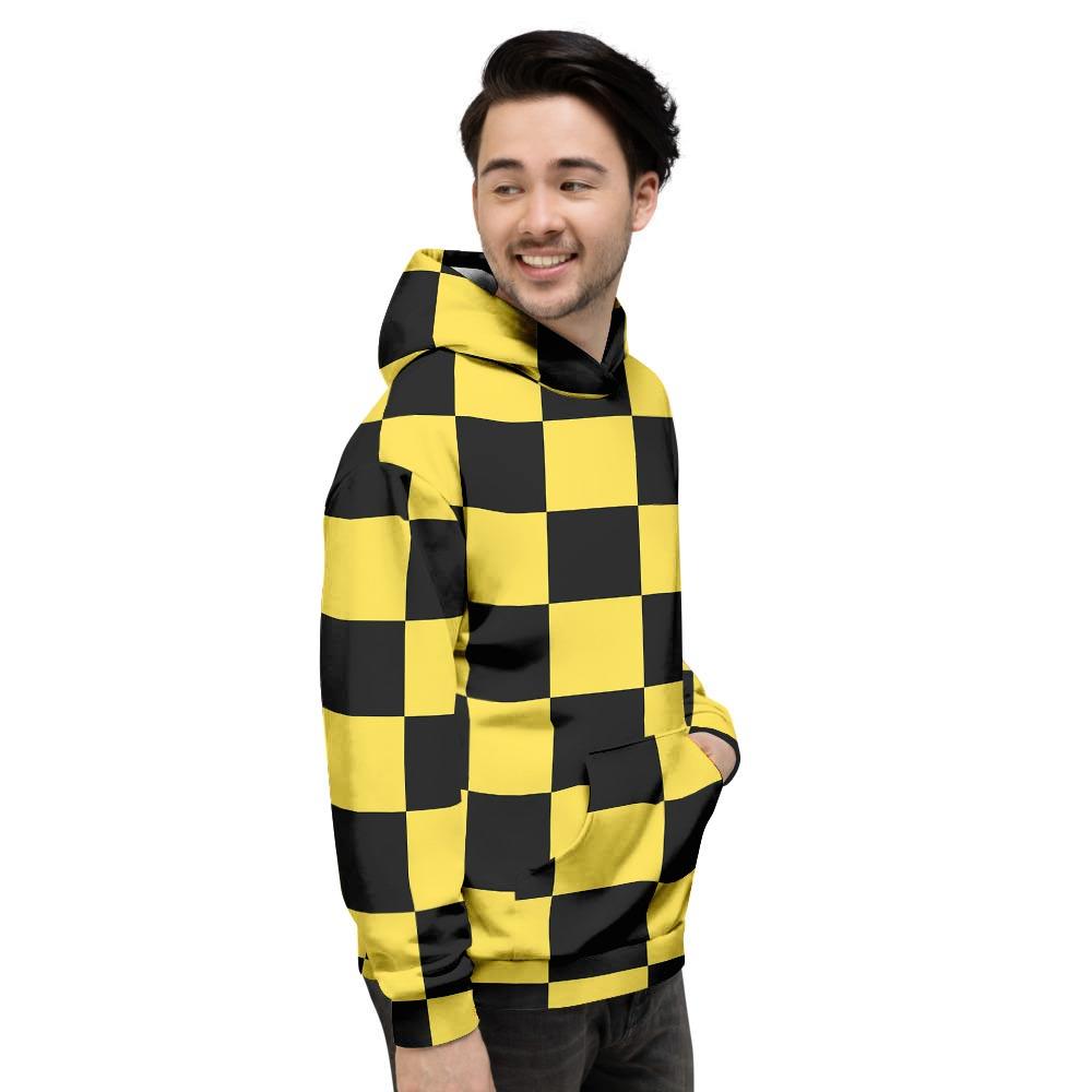 Yellow Checkered Print Men's Hoodie-grizzshop