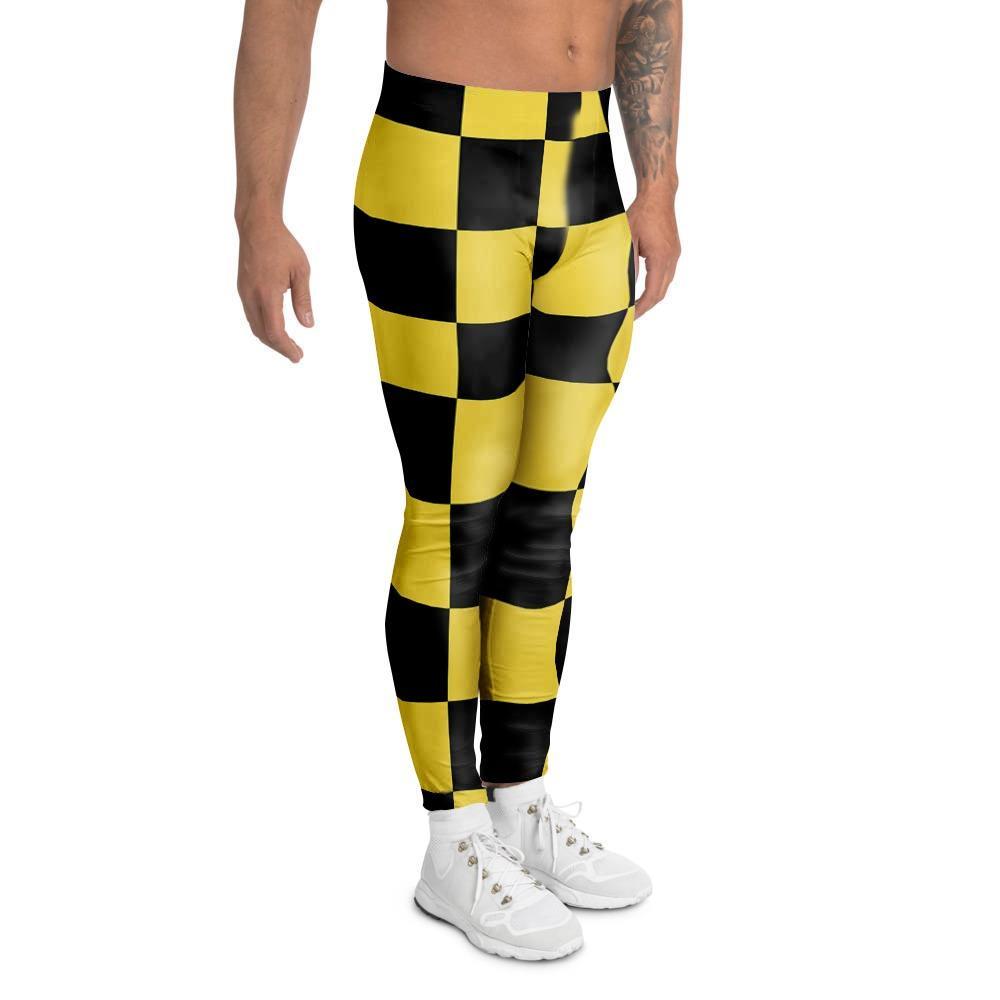 Yellow Checkered Print Men's Leggings-grizzshop