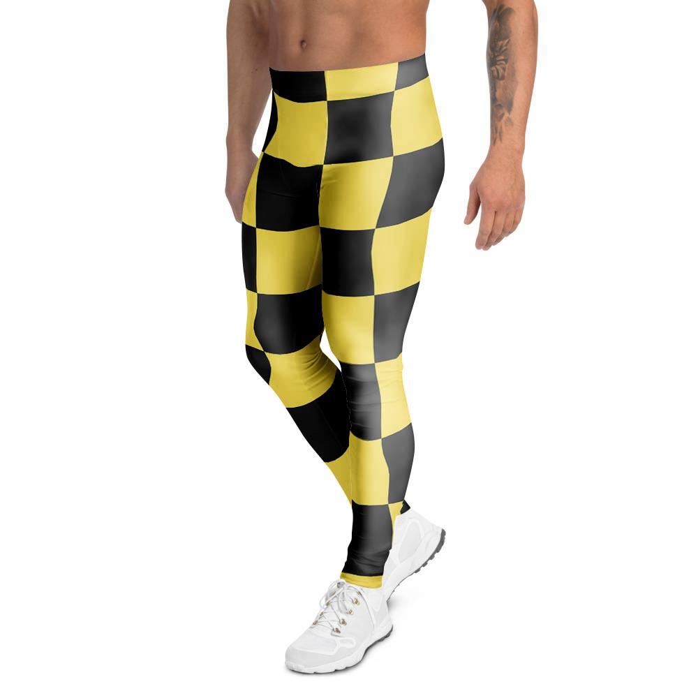 Yellow Checkered Print Men's Leggings-grizzshop