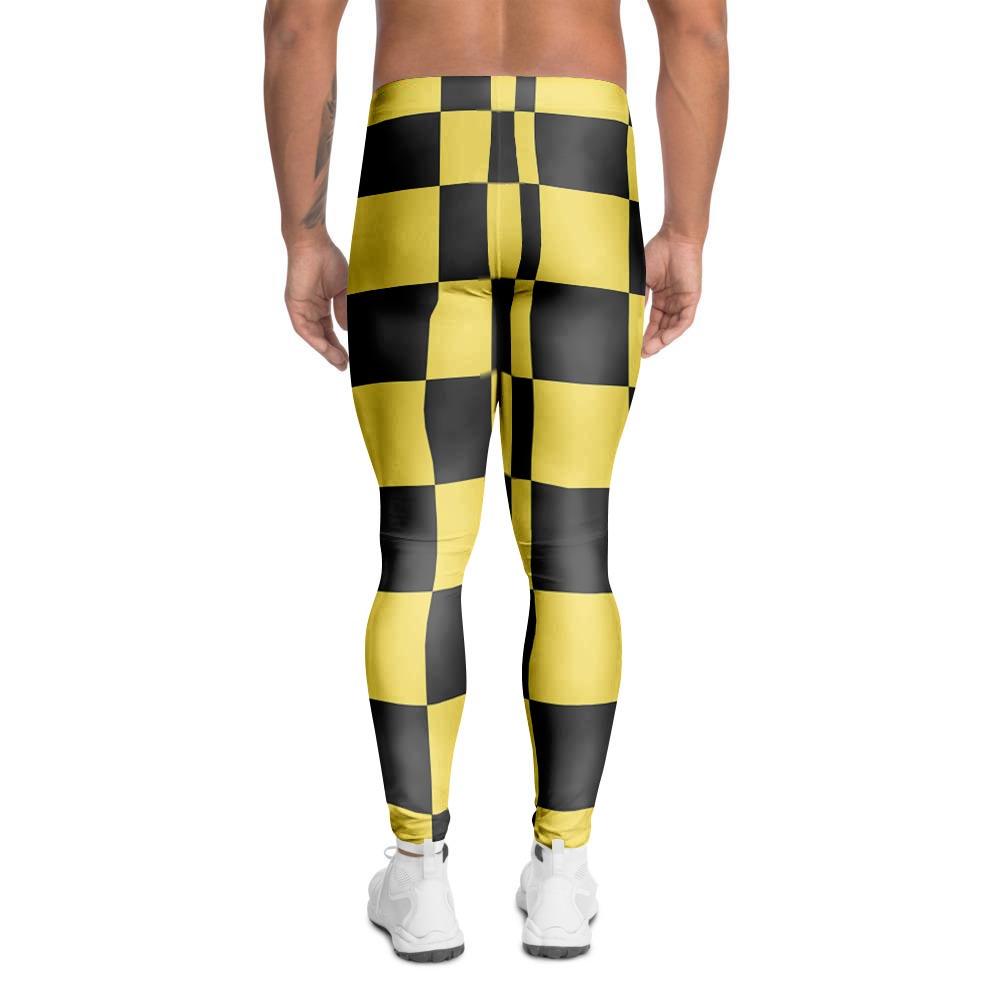 Yellow Checkered Print Men's Leggings-grizzshop