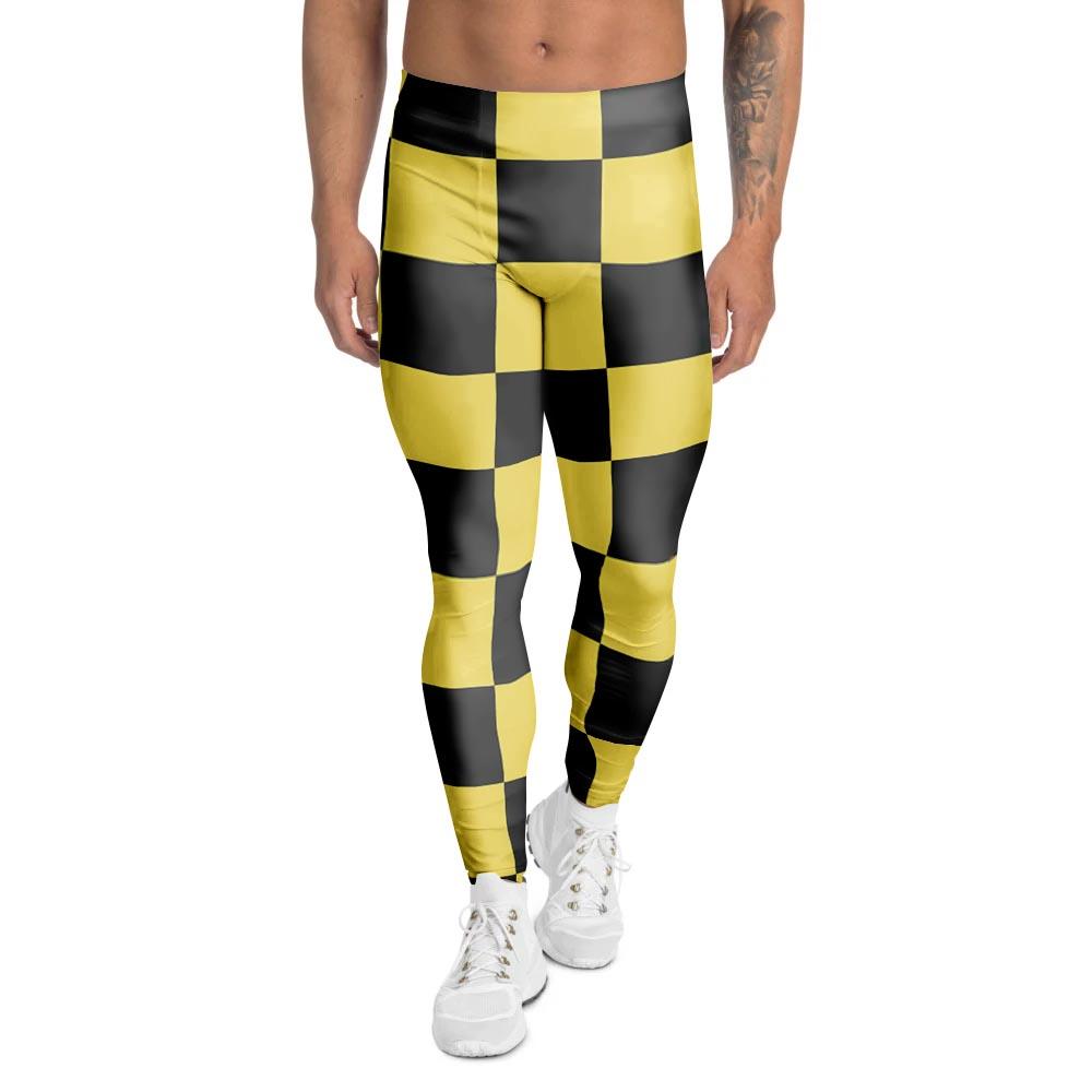 Yellow Checkered Print Men's Leggings-grizzshop