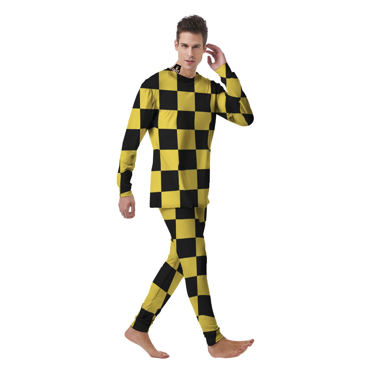 Yellow Checkered Print Men's Pajamas-grizzshop