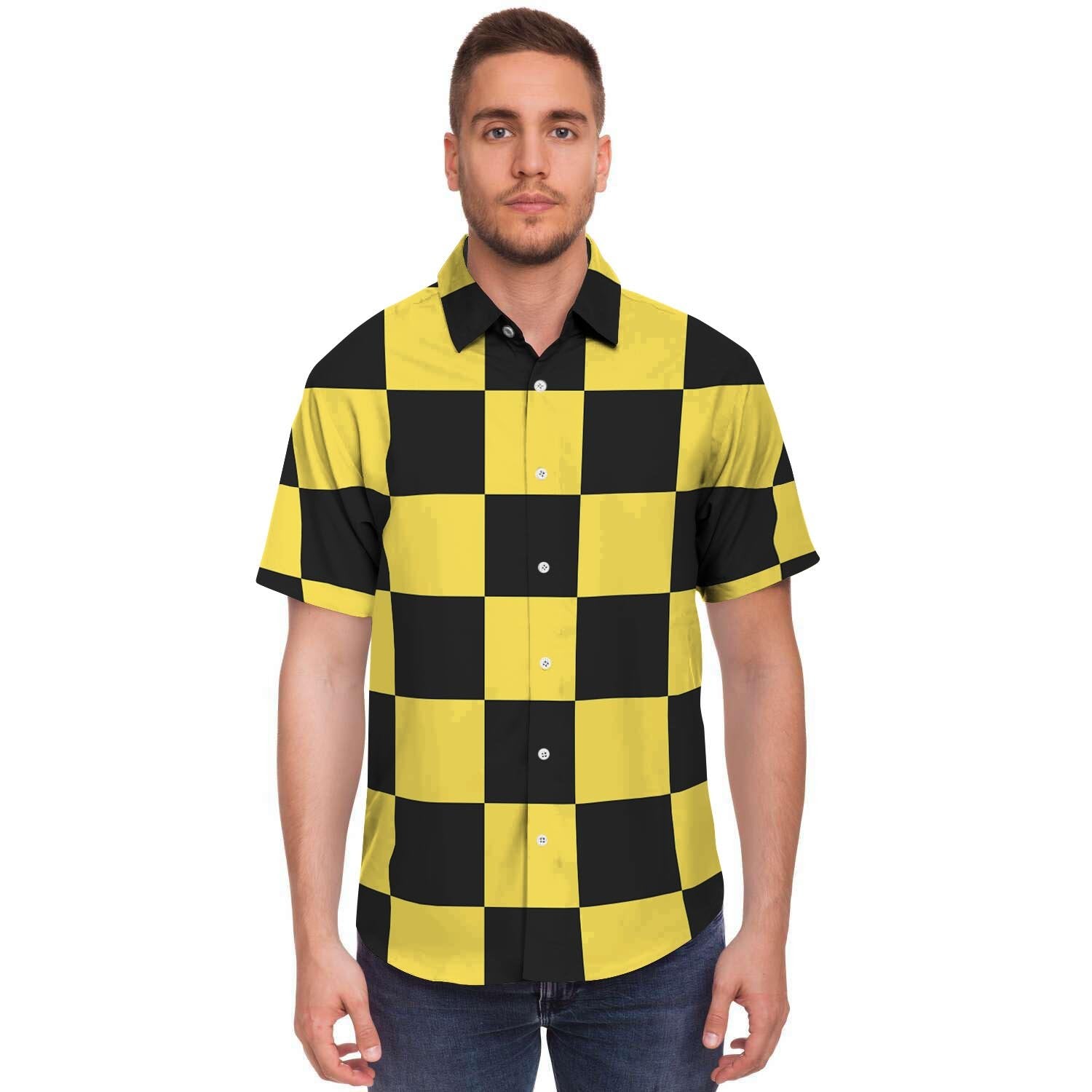Yellow Checkered Print Men's Short Sleeve Shirt-grizzshop