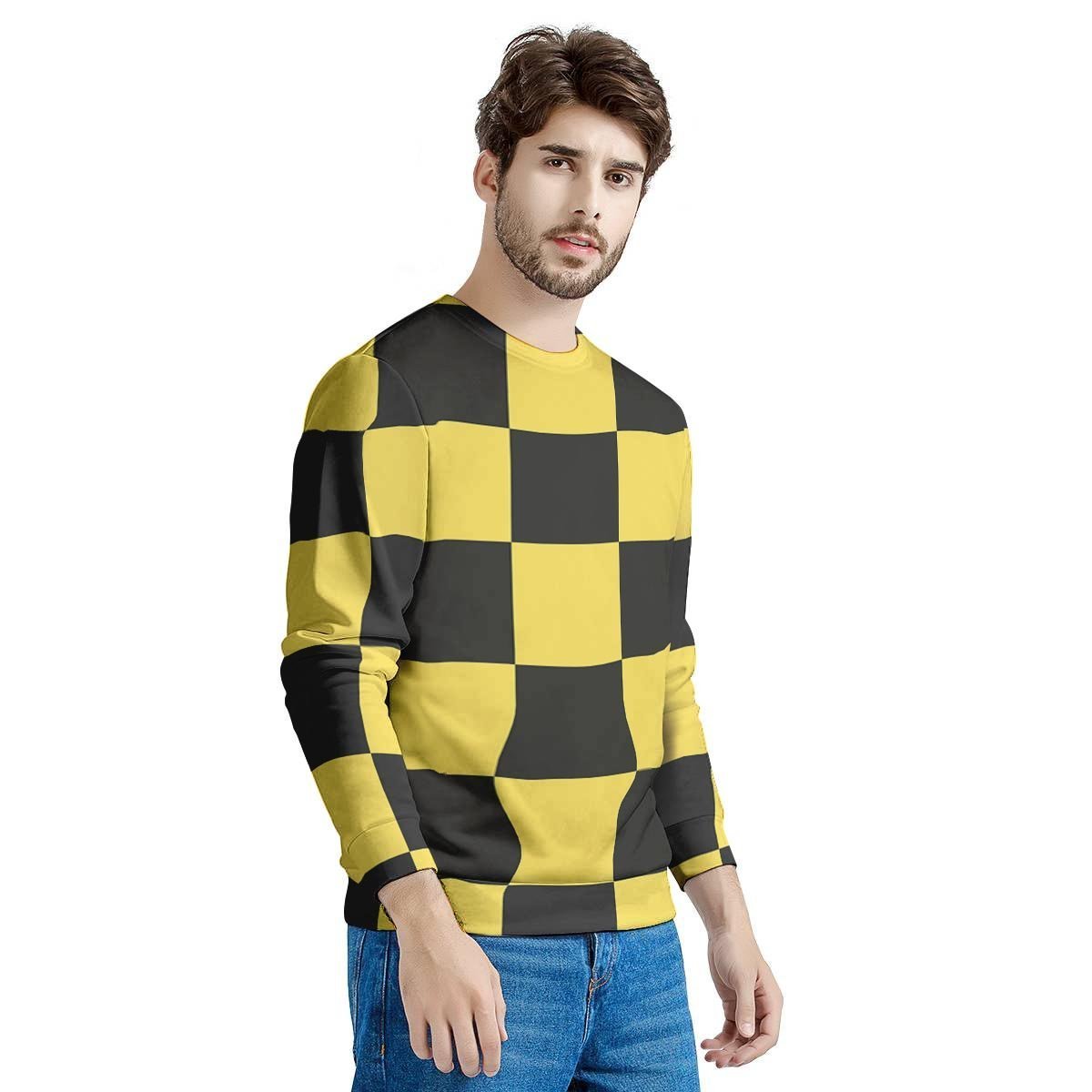 Yellow Checkered Print Men's Sweatshirt-grizzshop