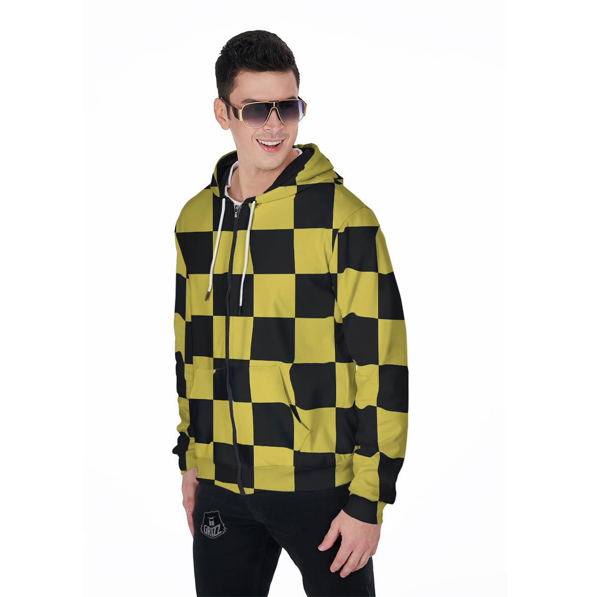 Yellow Checkered Print Men's Zip Up Hoodie-grizzshop