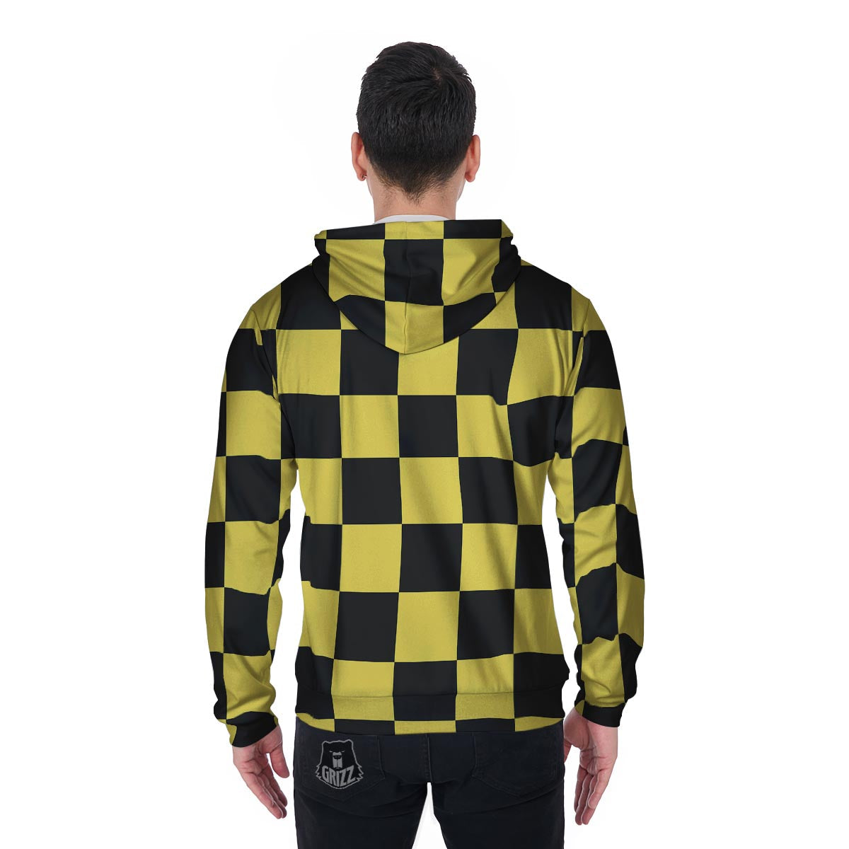 Yellow Checkered Print Men's Zip Up Hoodie-grizzshop