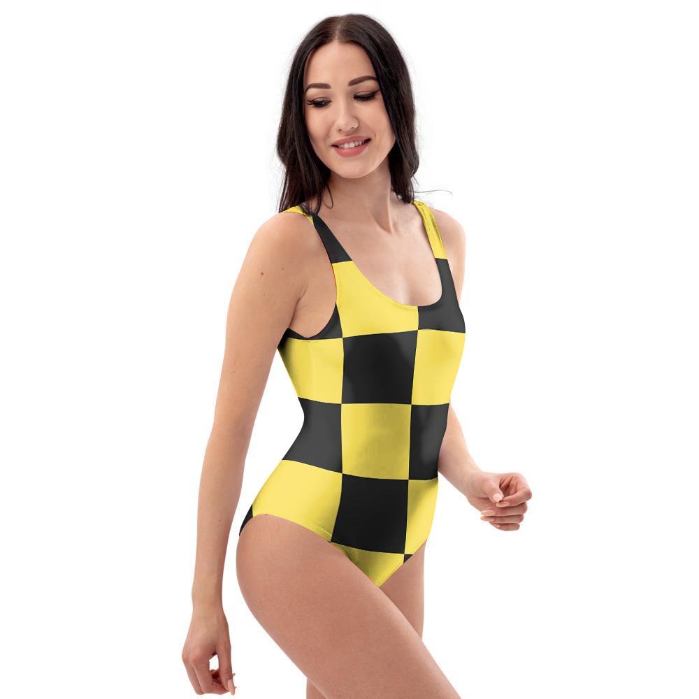 Yellow Checkered Print One Piece Swimsuite-grizzshop