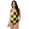 Yellow Checkered Print One Piece Swimsuite-grizzshop