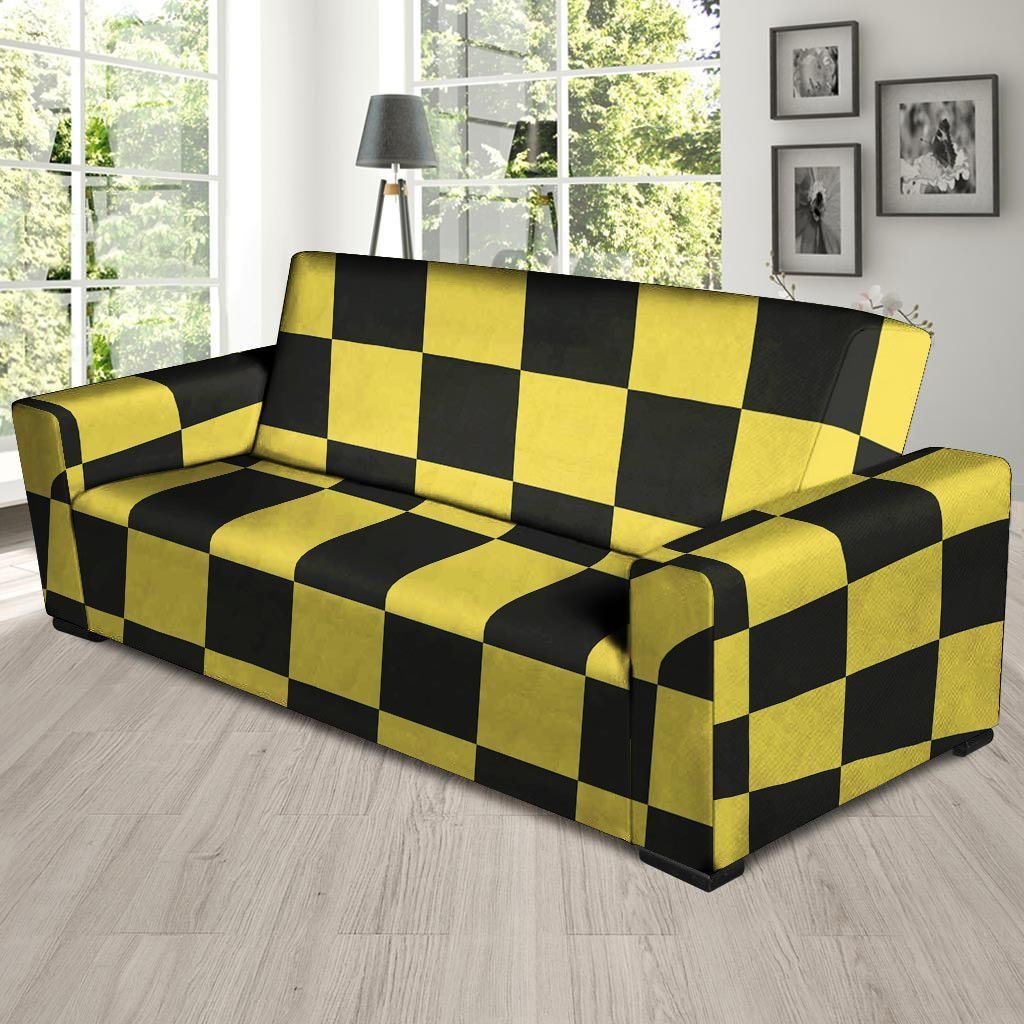 Yellow Checkered Print Sofa Cover-grizzshop