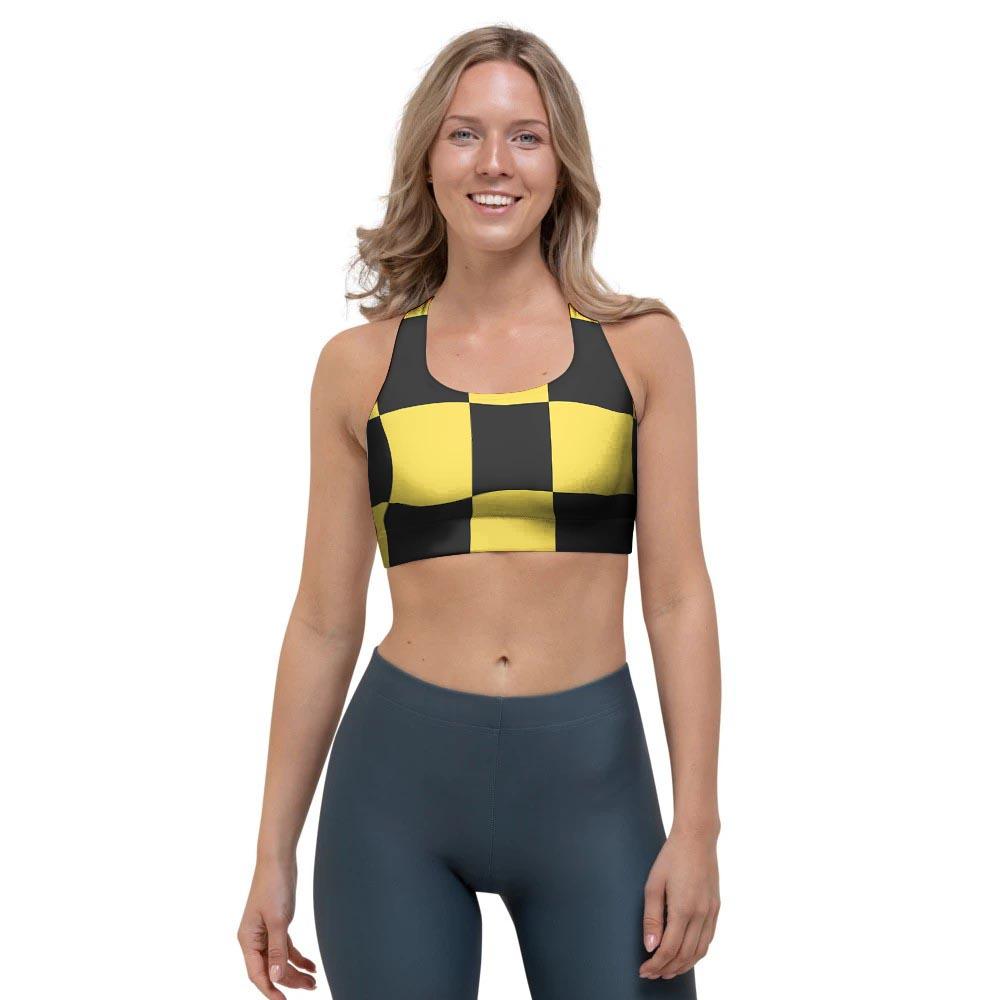 Yellow Checkered Print Sports Bra-grizzshop