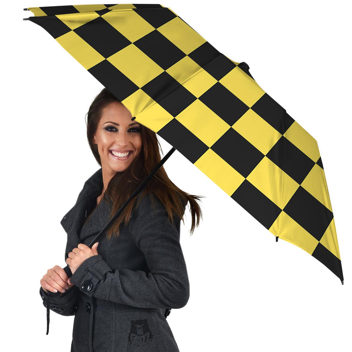 Yellow Checkered Print Umbrella-grizzshop