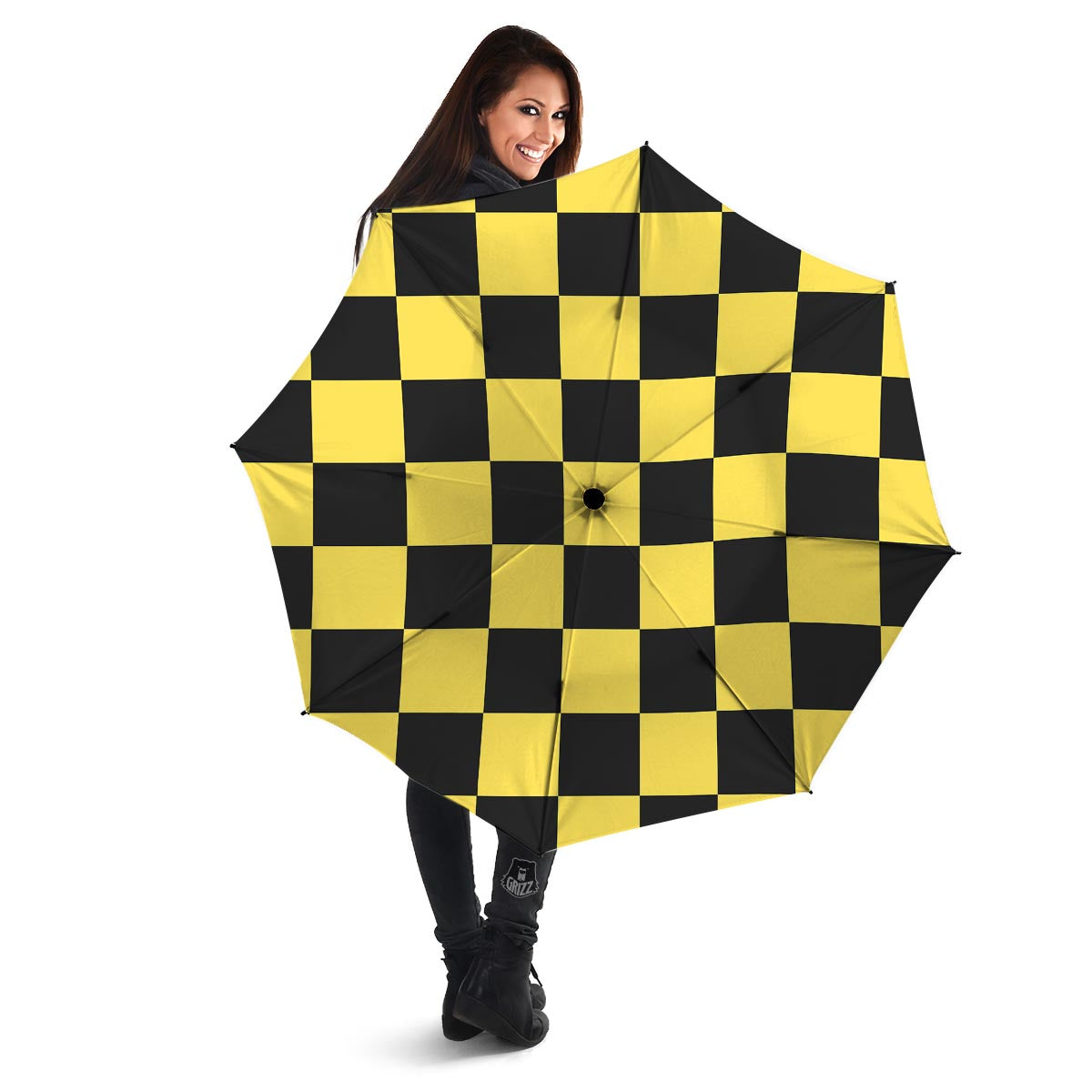 Yellow Checkered Print Umbrella-grizzshop