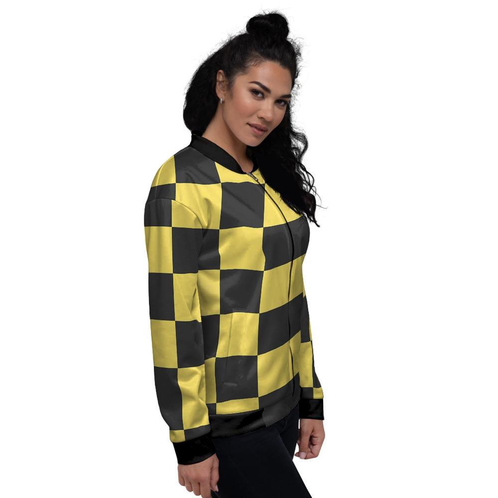 Yellow Checkered Print Women's Bomber Jacket-grizzshop